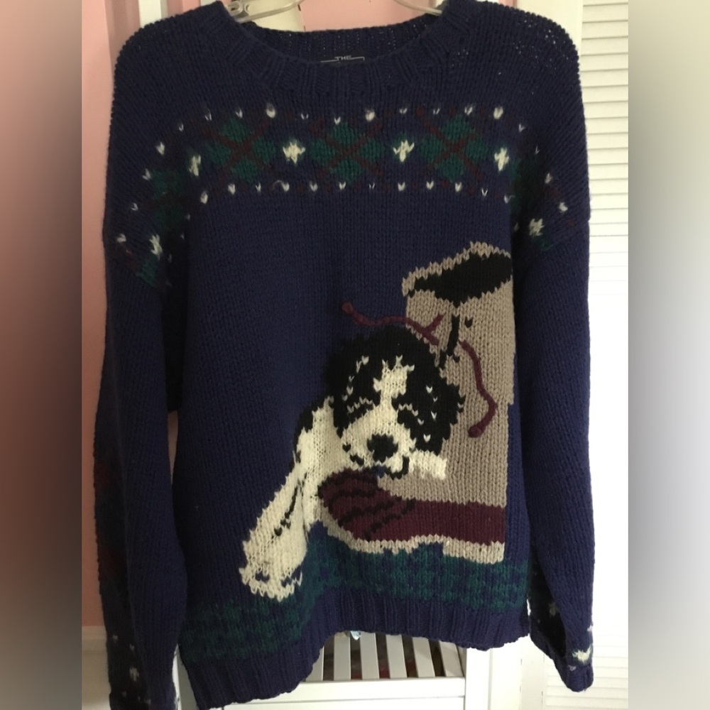 Woolrich vintage sweater women’s xl dog on boot blue GUC